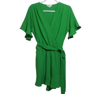 FRAICHE BY J Surplice Flutter Sleeve Romper In Green Vacation Cruise Size L